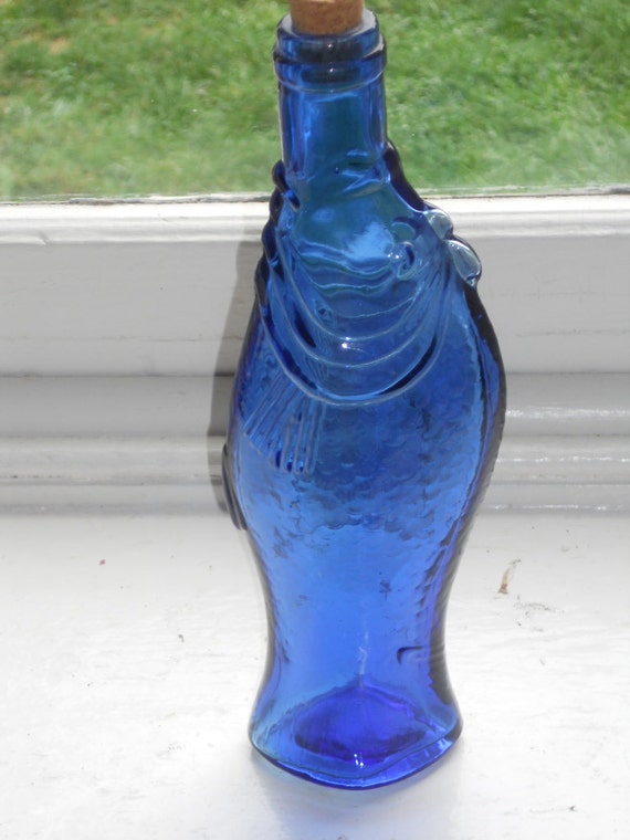 Vintage Blue Glass Fish Bottle-With Cork Made In Spain