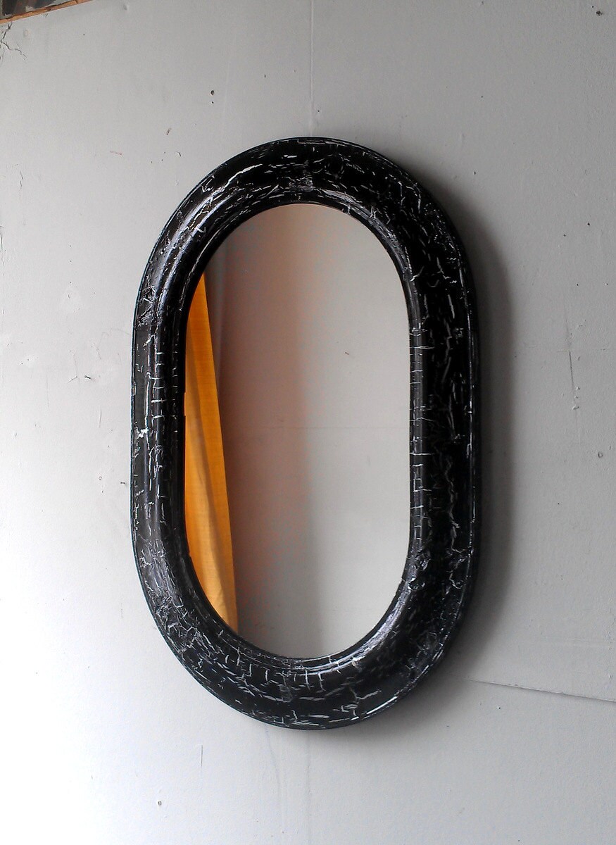 Large Black Mirror in Antique Wood Oval Frame 24 by 16 Inch