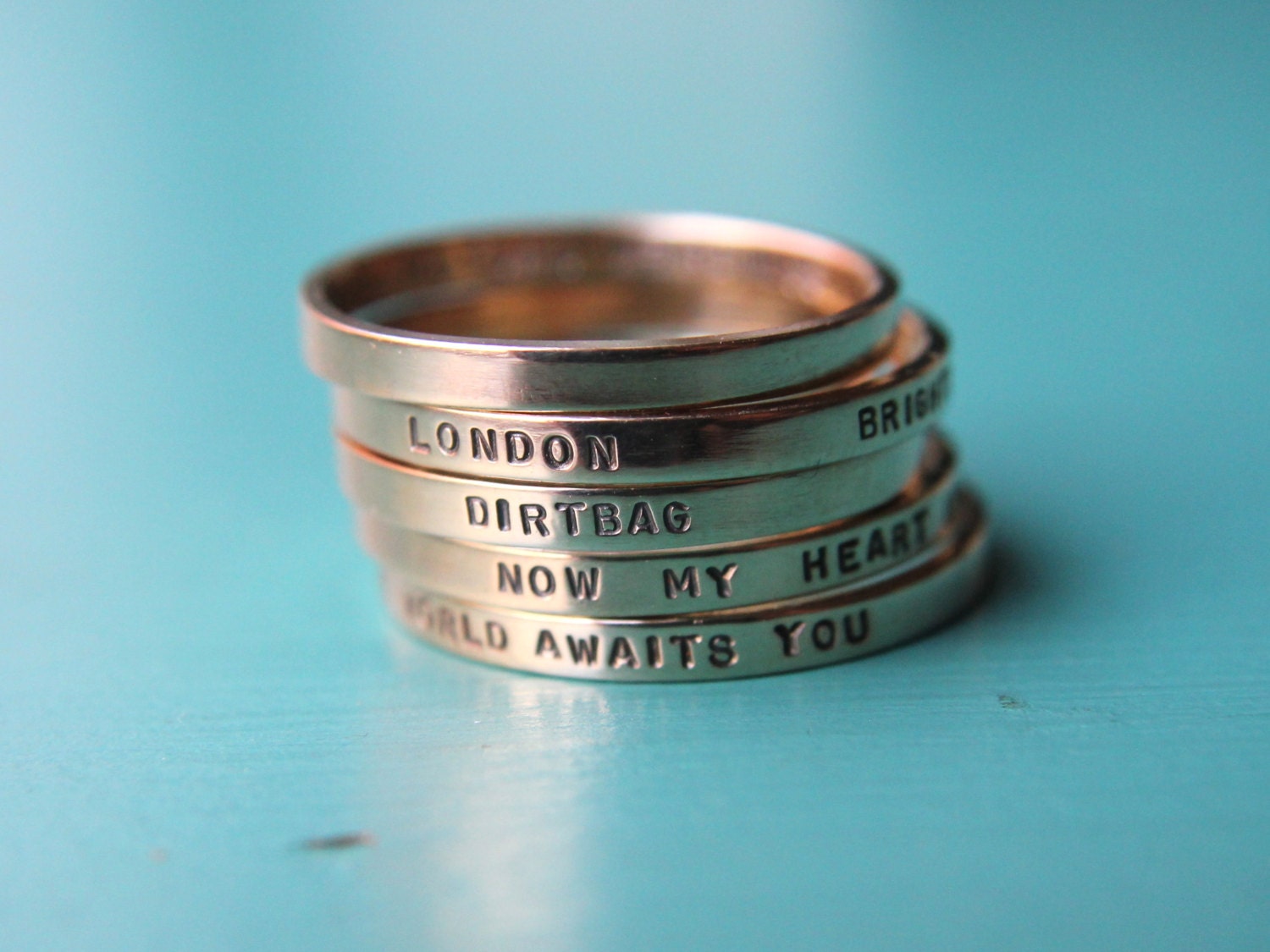 Solid 14k yellow gold custom hand stamped tiny band ring