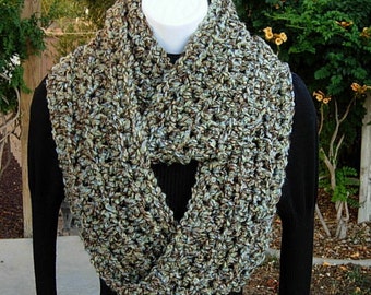 INFINITY SCARF Loop Cowl, Dark Taupe Brown, Tan, Light Green & Blue, Soft Winter Crochet Knit Circle, Neck Warmer..Ready to Ship in 2 Days