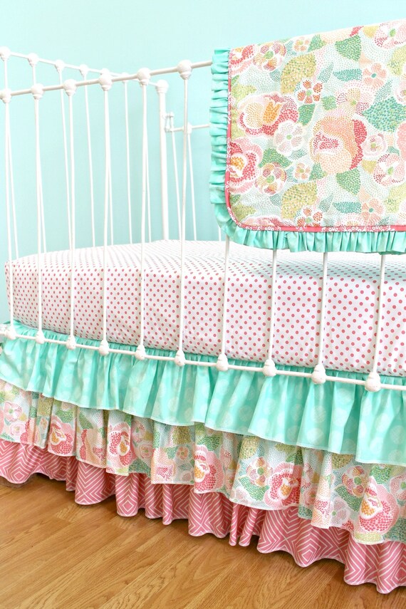 Bumperless Baby Girl Crib Bedding Set Mint Mosaic Rose