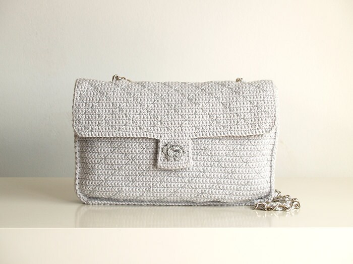 Grey and silver crochet bag with silver backstitchs