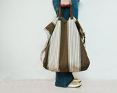 Stripe Tote Bag, Oversized Canvas HandBag, Large Tote, Leather Handles
