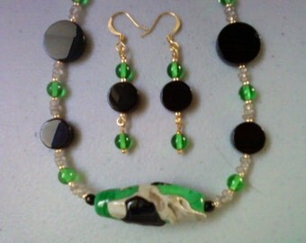 Green, Black and Taupe Necklace and Earrings (0664)