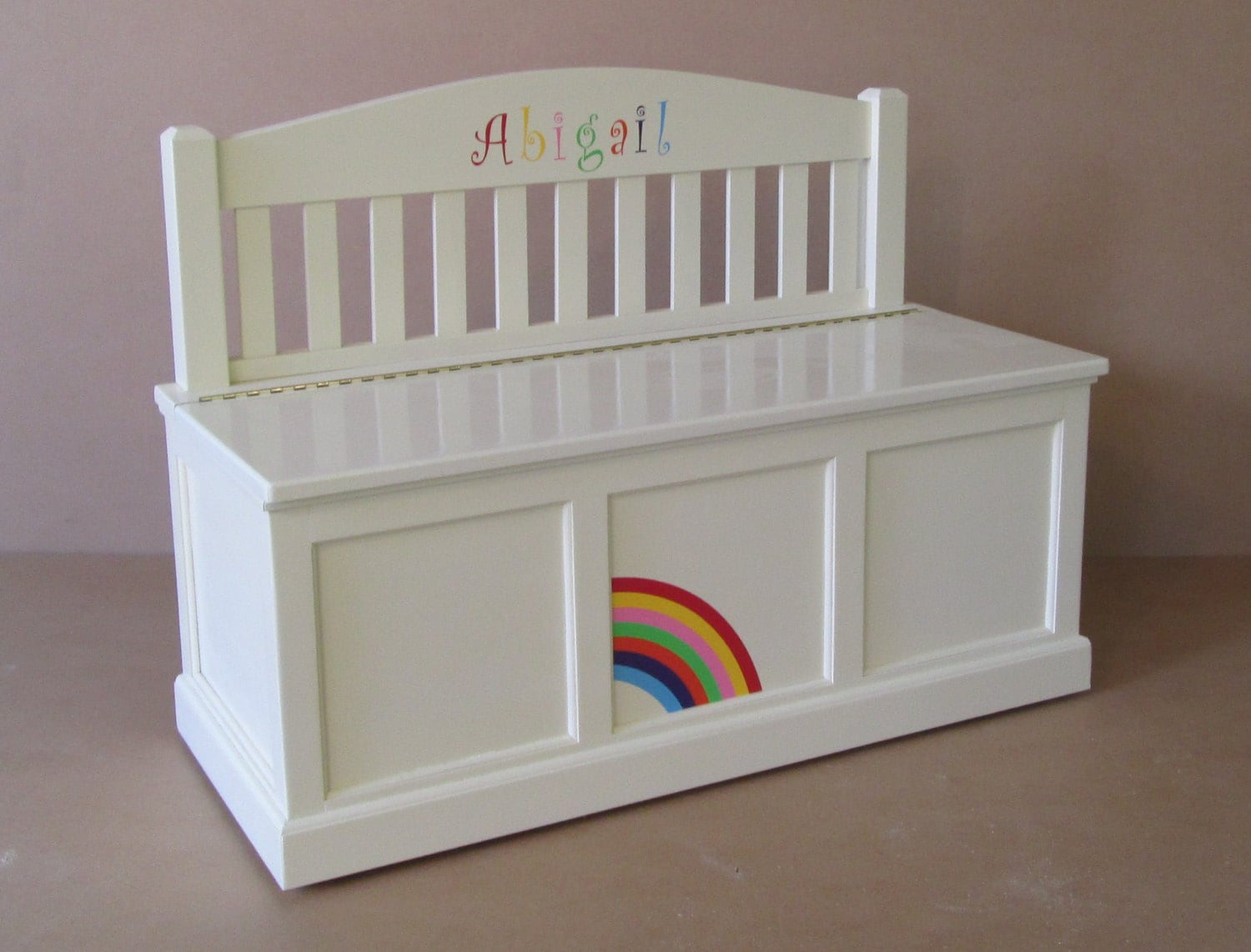 wooden toy chest-bench-antique white-rainbow