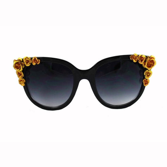 Gold Floral Beaded Large Frame Cat Eye Sunglasses by ShopKP