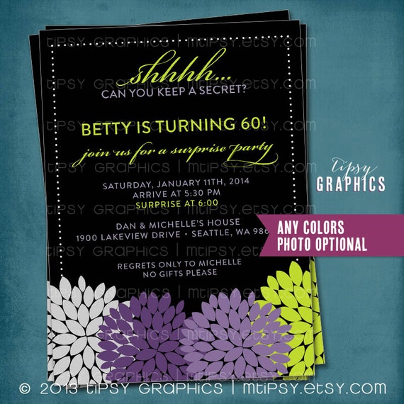 Shhh. Can You Keep a Secret. Dahlias Modern Surprise Party Invite, any text or colors by Tipsy Graphics. Photo Optional Il_570xn
