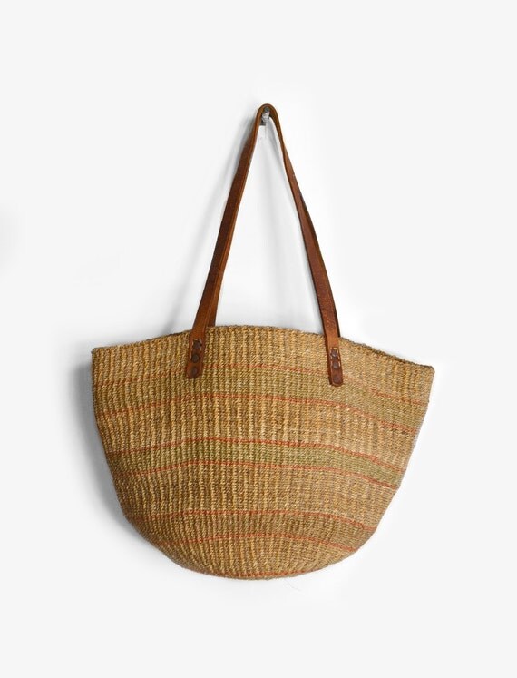 Vintage Jute & Leather Market Tote Bag