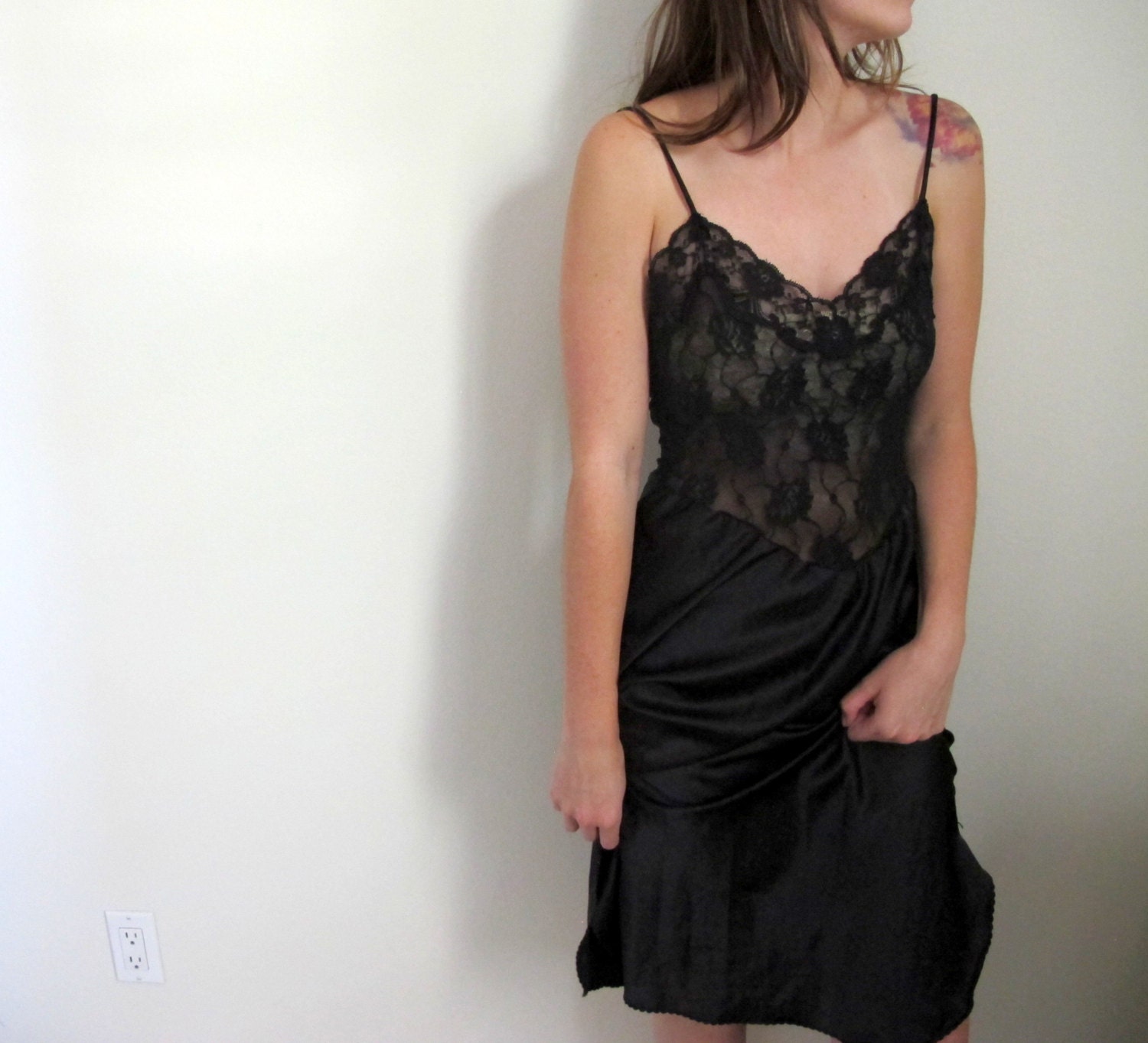 Vintage Black Lace Slip Dress See Through Lingerie Nightie