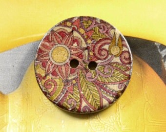 Flower Wooden Buttons - Tribal Flowers Coconut Buttons 1 inch . 6 in a set