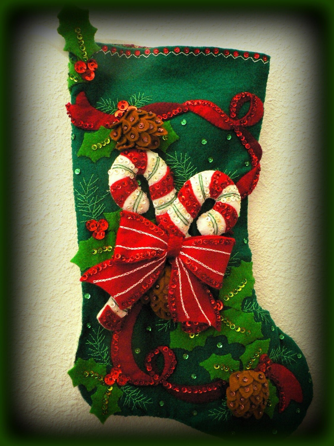 Handmade heirloom Candy Cane Christmas stocking by JustSayItBaby