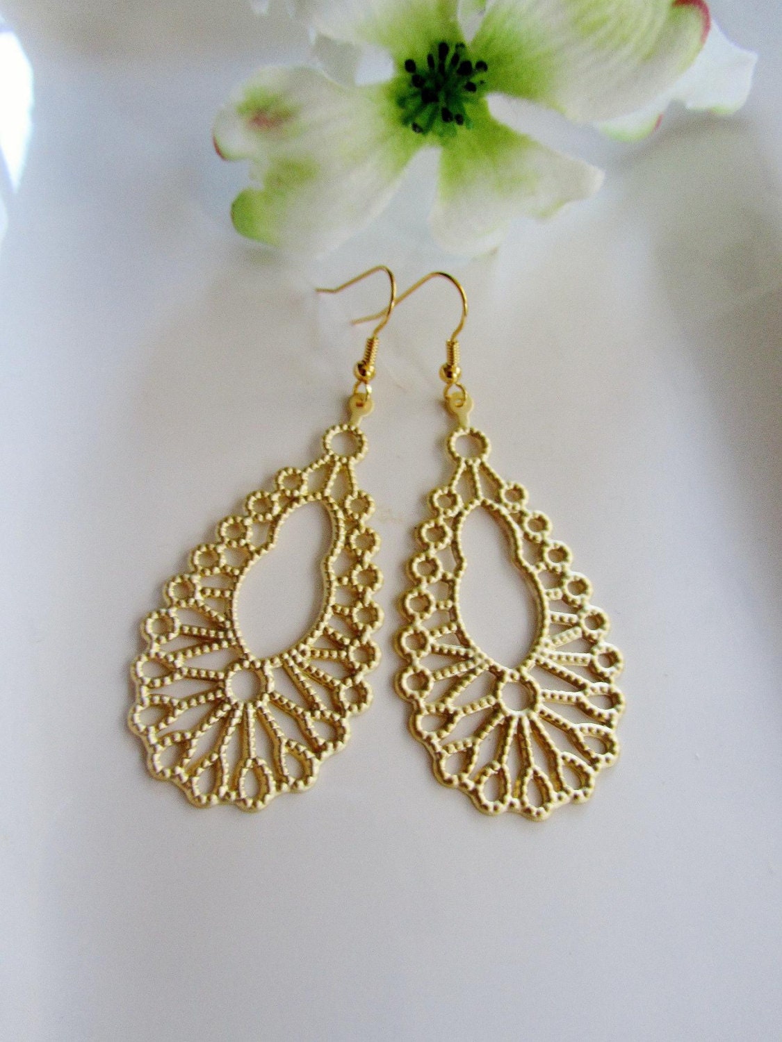 Large Gold Filigree Earrings Chandelier by Redpeonycreations