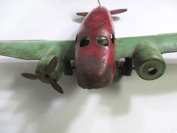 Vintage Metal Toy Airplane Twin Engine Childrens Room