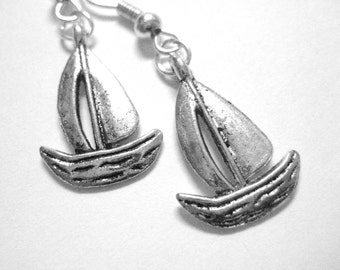 Silver Sail Boat Earrings - Sail Boat Jewelry Dangle Earrings Nautical Jewelry 167