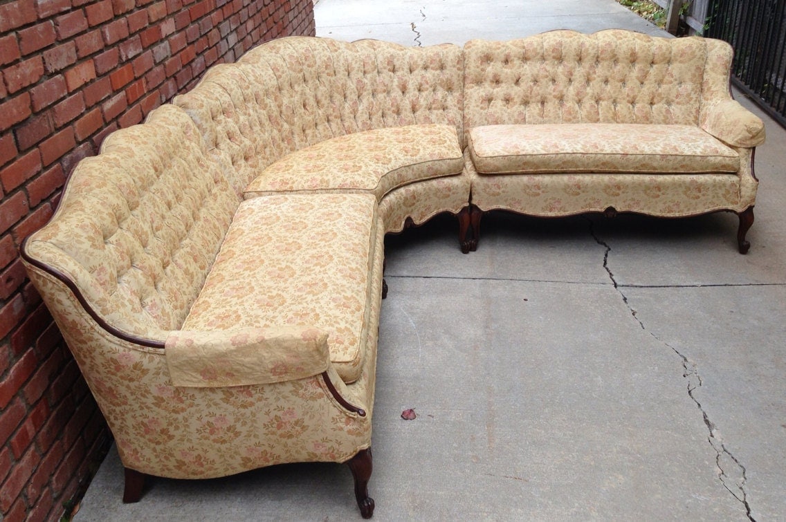 Rare French Provincial Sectional Sofa Tufted Vintage Hollywood