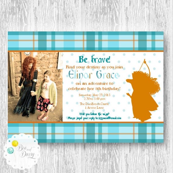 Be Brave Scottish Princess Invitation for Birthday Party or Baby Shower - Girls Merida Inspired DIY Printable Photo Invite by BeeAndDaisy Il_570xn