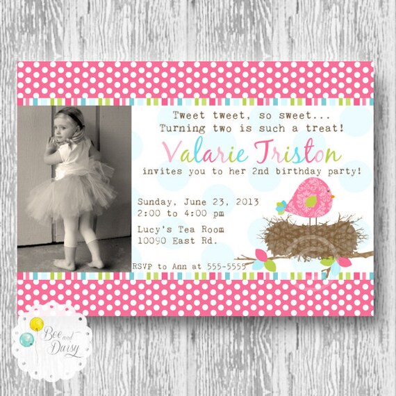 Pink Bird Invitation for Birthday Party or Baby Shower - Girls DIY Birds Nest Printable Photo Invite by BeeAndDaisy Il_570xn