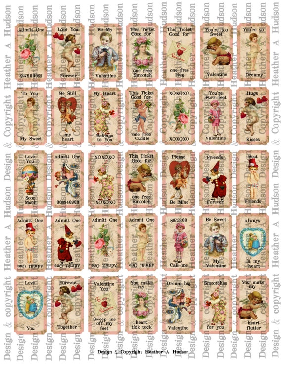 Victorian Vintage Valentine's Day Shabby Pink Cream Tickets Digital Collage sheet Printable