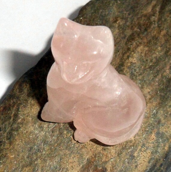 Pink Rose Quartz Gemstone Cat Spirit Animal Carving by earthegy