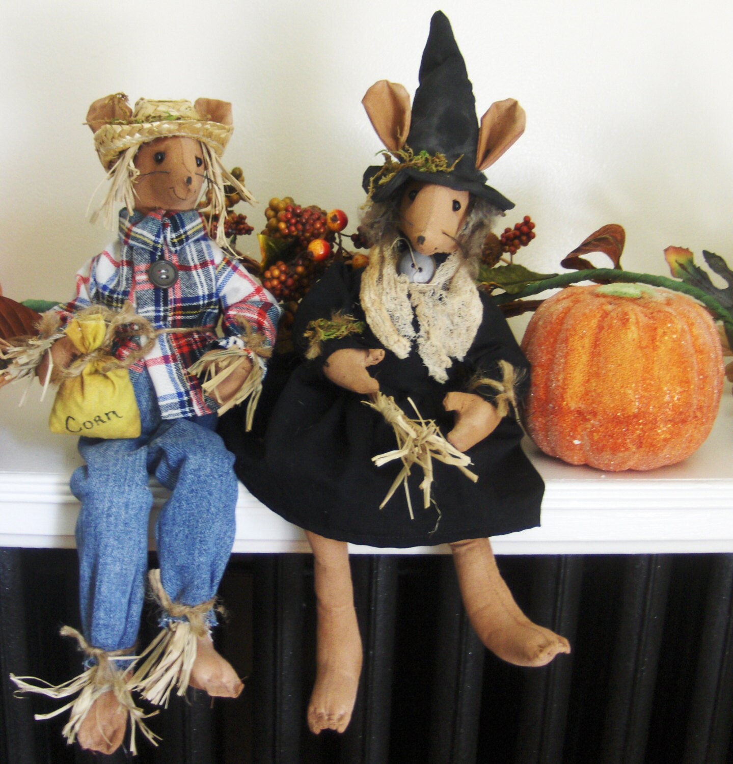 Halloween Mice dressed as Scarecrow and Witch