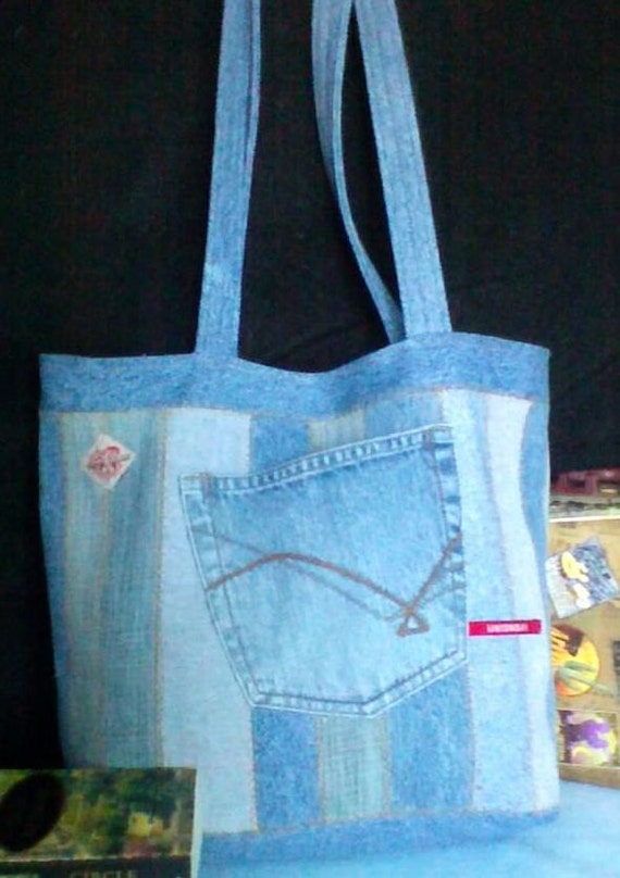 Denim Tote bag Repurposed denim jeans 15 x 12 by ripnrollrugs