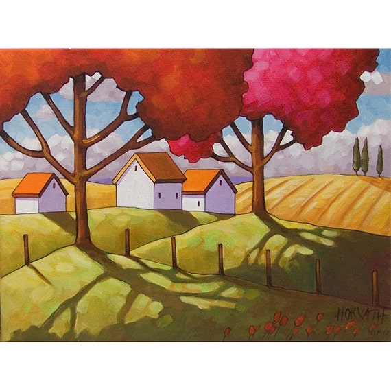 PAINTING ORIGINAL Acrylic on Canvas Folk Art Cottage Field