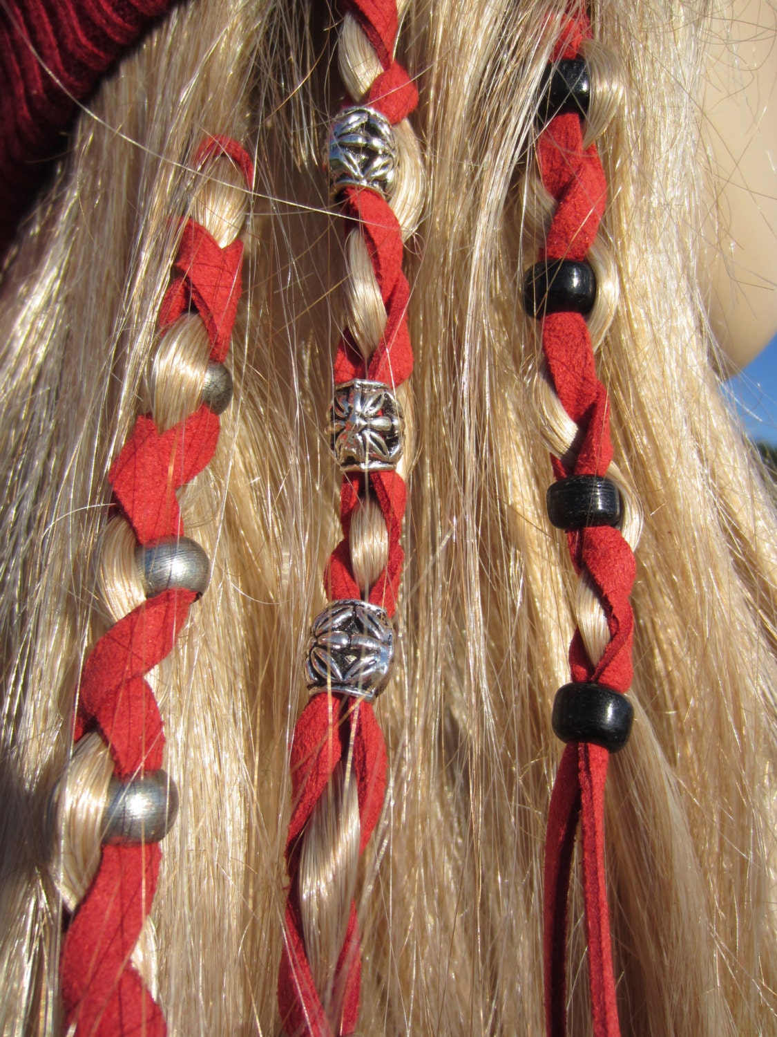 Leather Hair Wraps Hair Tie Ponytail Holders Red Suede Beaded