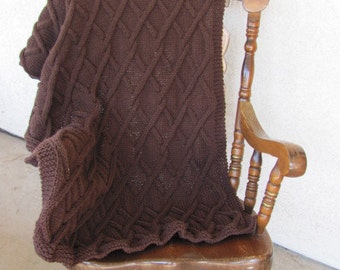 Hand Knitted Blanket OOAK Twisted Cable Chocolate Brown