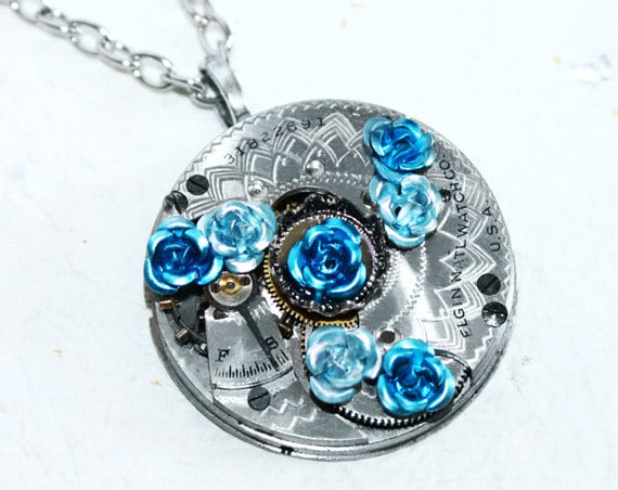 Steampunk Necklace - Blue Aquamarine Rose ELGIN GUILLOCHE ETCH Antique Pocket Watch Movement Steampunk Necklace - Anniversary Wedding Gift steampunk buy now online