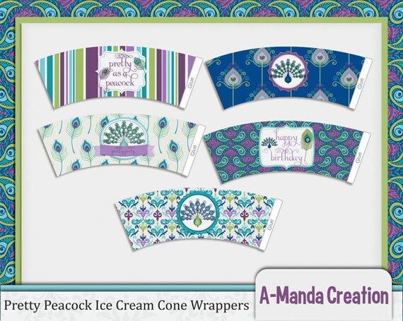 Pretty as a Peacock Ice Cream Cake Cone Wrappers Il_570xn
