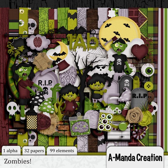 Zombies Digital Scrapbooking Kit, includes 1 alpha, 32 papers and 99 elements Il_570xn