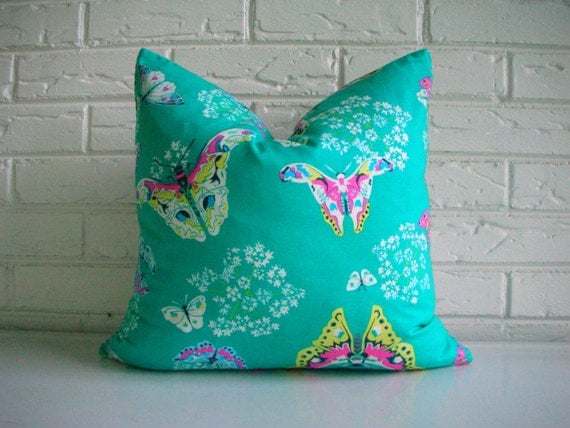 Teal and Pink Floral Pillow Cover Butterfly Decorative Throw