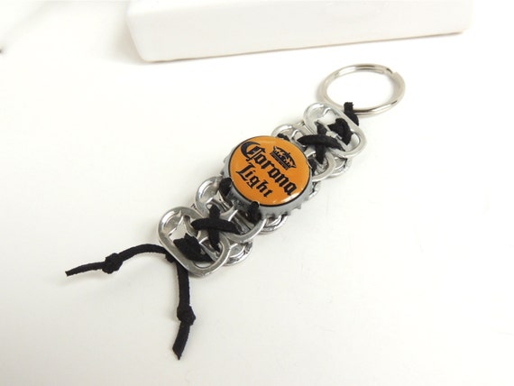 Pop Tab and Bottle Cap KEYCHAIN - Corona Light -  black and mustard gold - eco-friendly/upcycled - under 10 dollars