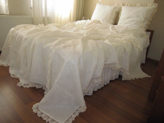 Linen bed cover coverlet Solid Ivory cream cotton tulle lace