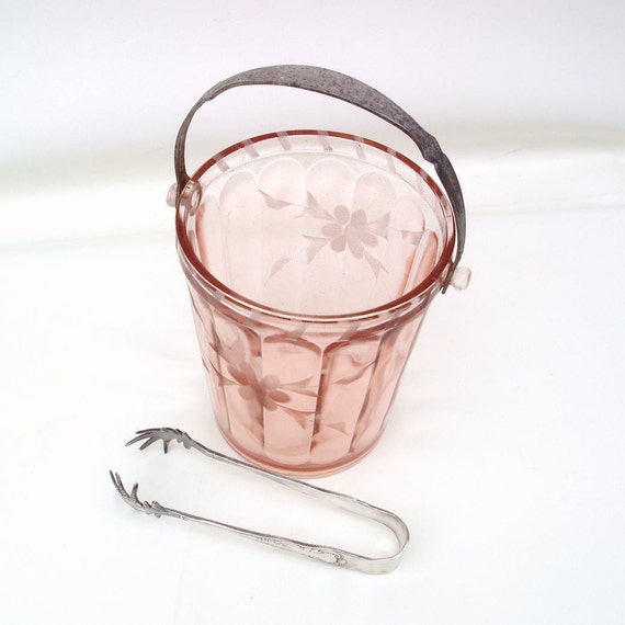 Vintage Pink Depression Glass Ice Bucket Silver Ice Tongs