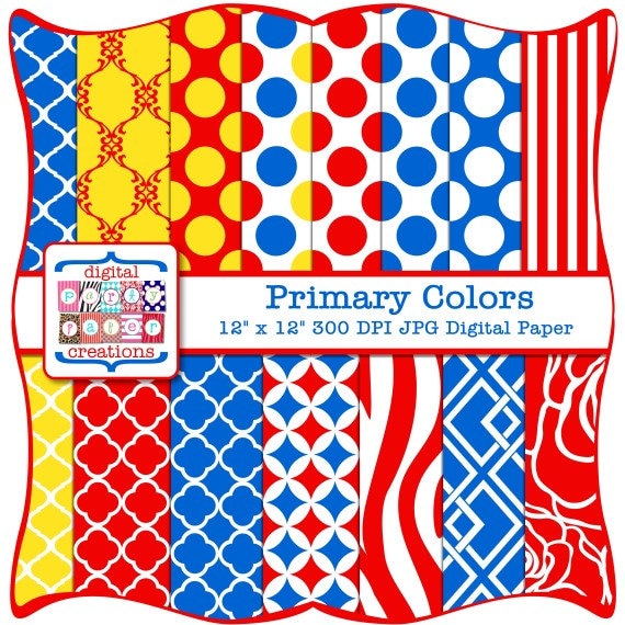 Digital Paper Pack - Primary Colors Quatrefoil, Dots, Stripes, Floral INSTANT DOWNLOAD Il_570xn