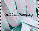 Elegant pink swirls on aqua 7/8" grosgrain ribbon Halloween Il_170x135