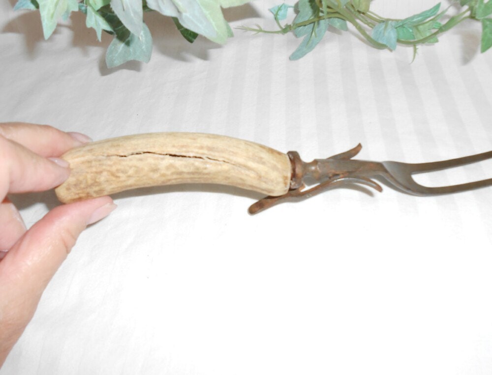 vintage bone handle carving fork crusty rusty antler handle carving fork rustic cabin decor