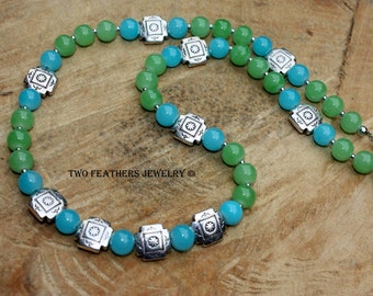 Southwestern Turquoise And Green Beaded Necklace - Turquoise Necklace - Green Necklace - Silver Necklace - Four Corners - Gift For Her