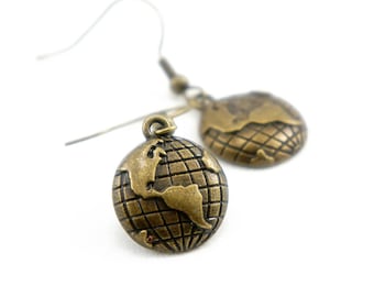 Tiny Globe - Antiqued Brass Vintage Style Dangle Earrings - CP079
