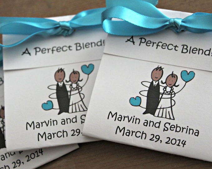 African American Bride and Groom Personalized Tea Bag Favors Cute Black Blue Wedding and Bridal Shower Party Favors