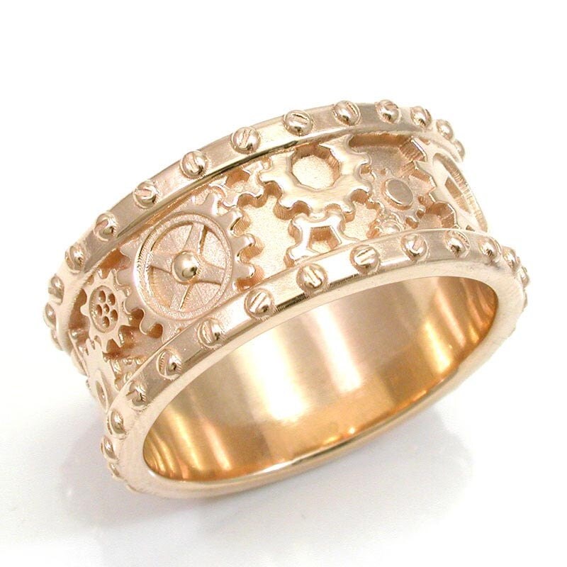 14k Yellow Gold Gear Ring Steampunk Mens Rivet Ring