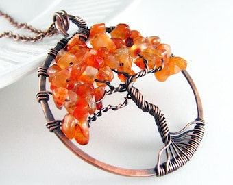 Tree Of Life Pendant Wire Wrapped Jewelry Carnelian Necklace Copper Jewelry Wire Wrapped Pendant Copper Wire Necklace Beaded Tree Necklace