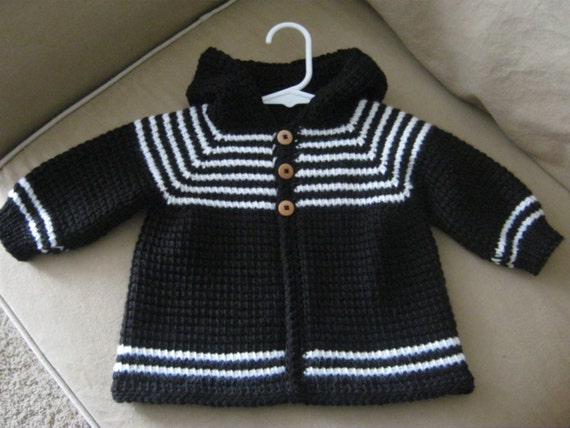 Crochet Baby Boy Sweater with Hood - Black White  - MADE TO ORDER - 6-12 Months in Tunisian Crochet - Handmade