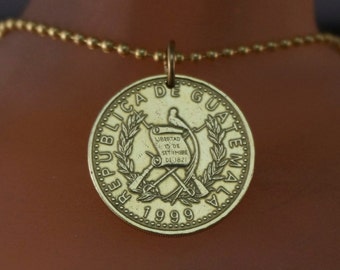 Guatemala necklace - COIN JEWELRY - coin necklace -coin pendant - quetzal bird - mens jewelry.- chain No.001694
