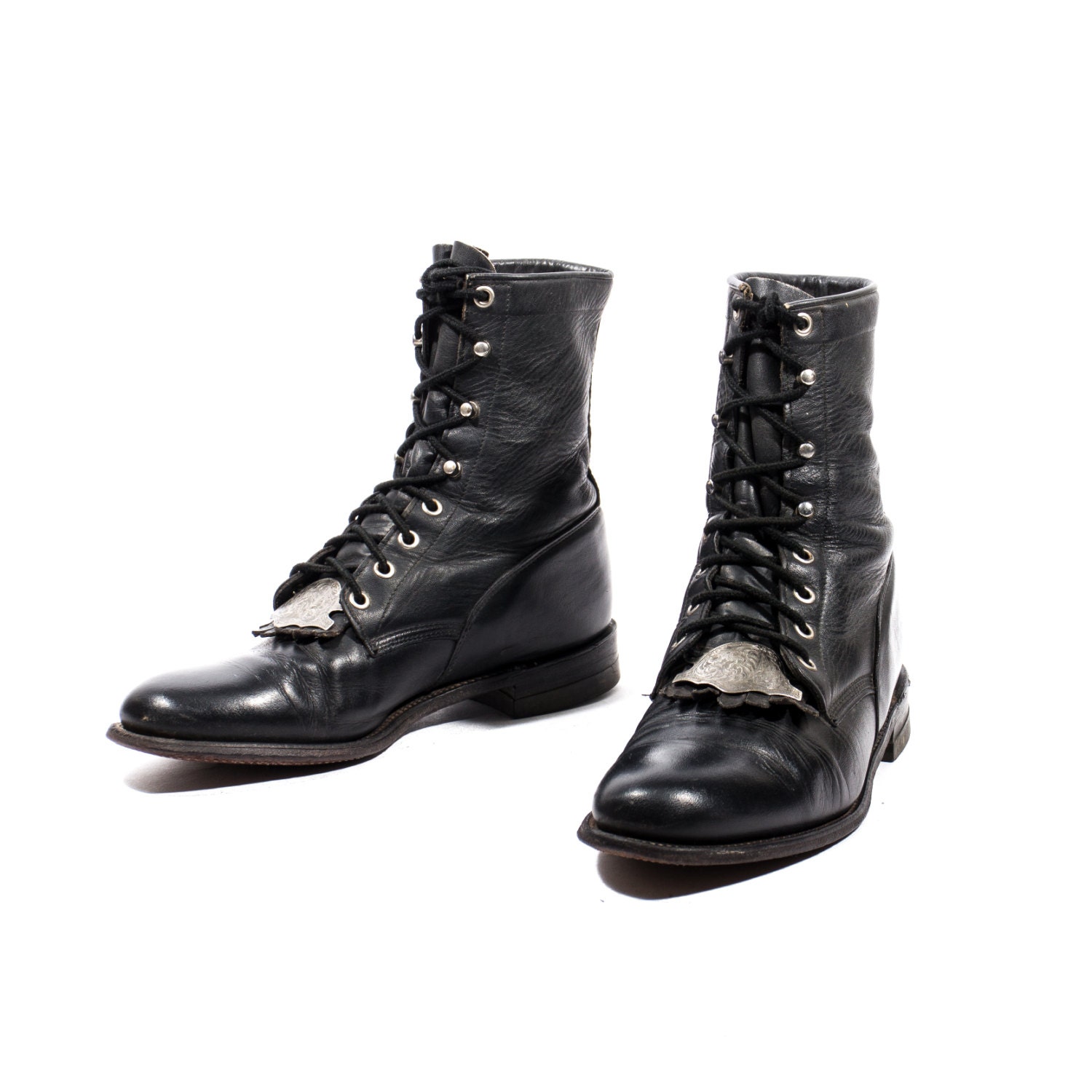 Vintage Justin Lace Up Ropers Black Leather Lace Up Boots with