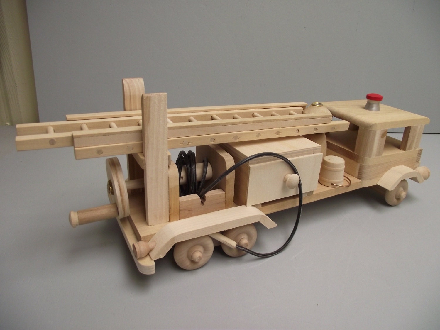 Wooden Old Fashioned Toy Fire Truck with Ladder and Hose for