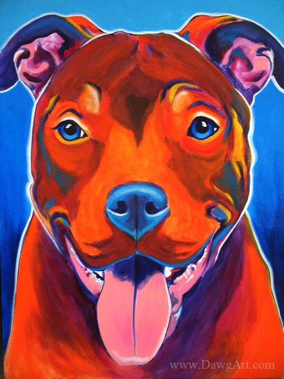 Colorful Pet Portrait, Pit Bull Dog Art, Paper or Canvas Print, DawgArt ...