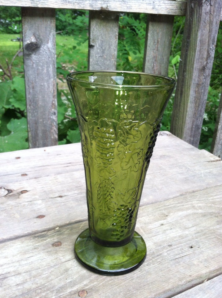 Green Indiana Glass Vintage Vase with Embossed Grapes