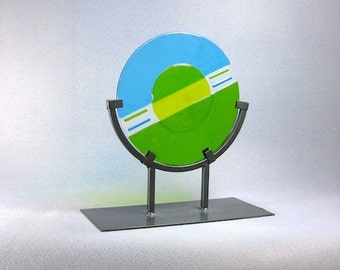 Mid Century Modern Art Glass Sculpture Circular Blue Green Signed Artist
